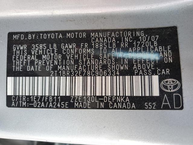 Foto 10 de la subasta – 2008 TOYOTA COROLLA CE con VIN 2T1BR32E78C906334