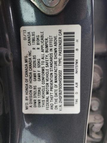 Photo 10 from auction – 2013 HONDA CIVIC EXL with VIN 2HGFB2F93DH523022