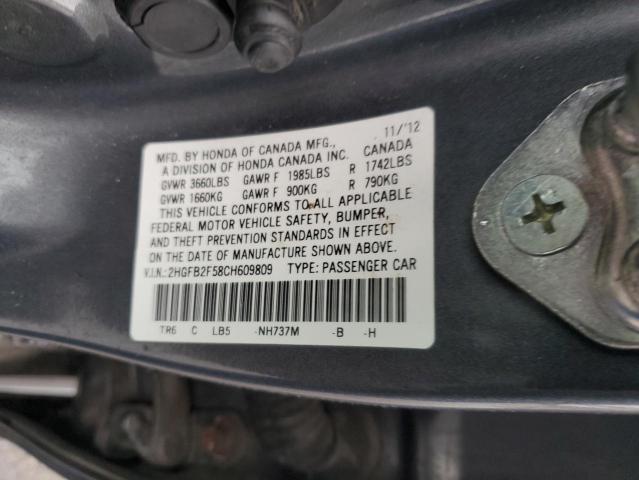 Photo 10 from auction – 2012 HONDA CIVIC LX with VIN 2HGFB2F58CH609809