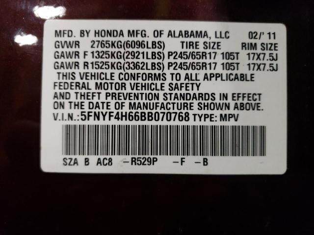 Photo 10 from auction – 2011 HONDA PILOT EXL with VIN 5FNYF4H66BB070768
