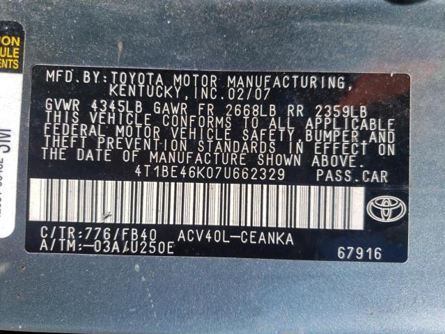 Photo 10 from auction – 2007 TOYOTA CAMRY CE with VIN 4T1BE46K07U662329