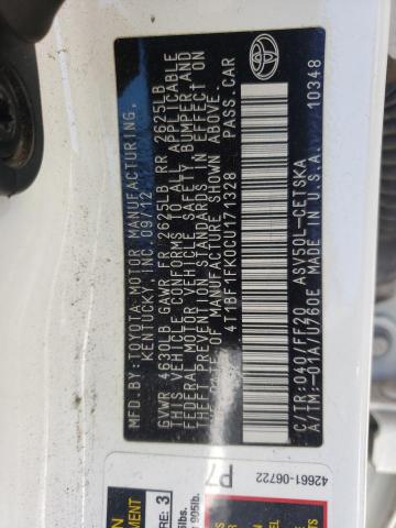 Photo 10 from auction – 2012 TOYOTA CAMRY BASE with VIN 4T1BF1FK0CU171328