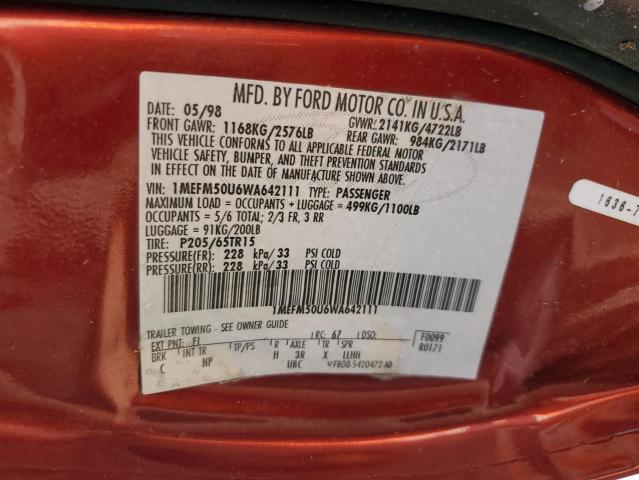Photo 10 from auction – 1998 MERCURY SABLE GS with VIN 1MEFM50U6WA642111