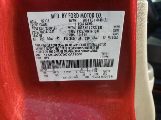 Photo 10 from auction – 2012 FORD ESCAPE XLT with VIN 1FMCU0D70CKA19600