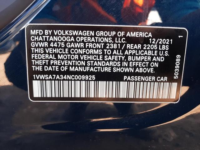 Photo 10 from auction – 2022 VOLKSWAGEN PASSAT SE with VIN 1VWSA7A34NC009925