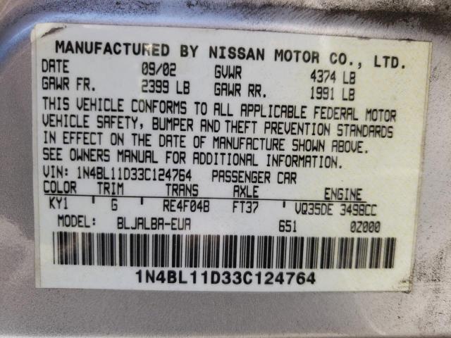 Photo 10 from auction – 2003 NISSAN ALTIMA SE with VIN 1N4BL11D33C124764