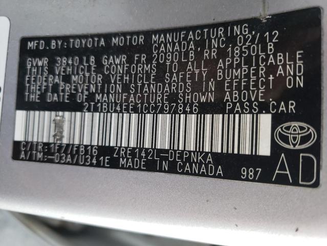 Photo 10 from auction – 2012 TOYOTA COROLLA BA with VIN 2T1BU4EE1CC797846