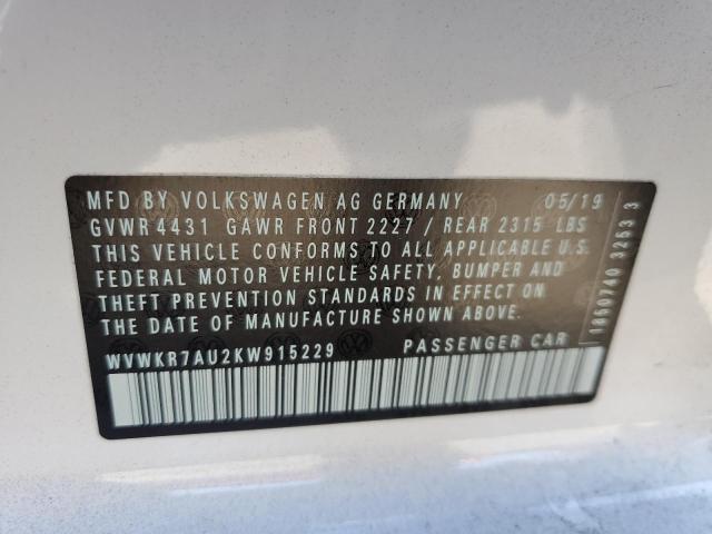 Photo 10 from auction – 2019 VOLKSWAGEN E-GOLF SE with VIN WVWKR7AU2KW915229