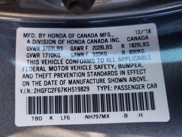 Photo 10 from auction – 2019 HONDA CIVIC LX with VIN 2HGFC2F67KH519829