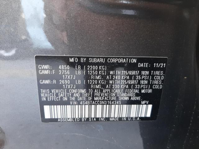 Photo 10 from auction – 2022 SUBARU OUTBACK PR with VIN 4S4BTACC0N3164345