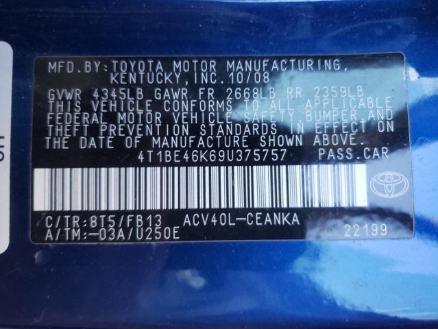 Photo 10 from auction – 2009 TOYOTA CAMRY BASE with VIN 4T1BE46K69U375757