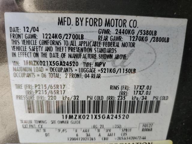 Photo 10 from auction – 2005 FORD FREESTYLE with VIN 1FMZK021X5GA24520