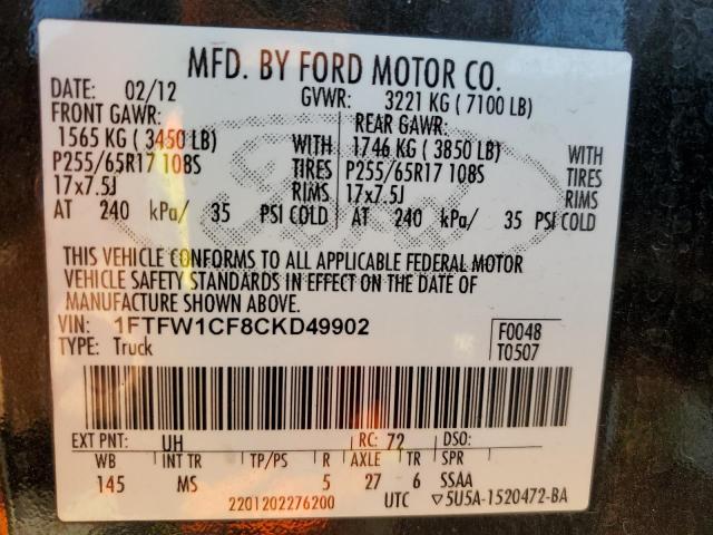 Zdjęcie 10 z aukcji – 2012 FORD F150 SUPER z VIN 1FTFW1CF8CKD49902