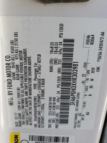 Photo 10 from auction – 2017 FORD FUSION SE with VIN 3FA6P0HDXHR303981