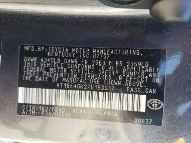 Photo 10 from auction – 2007 TOYOTA CAMRY CE with VIN 4T1BE46K27U193017