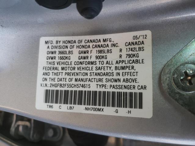 Photo 10 from auction – 2012 HONDA CIVIC LX with VIN 2HGFB2F55CH574615