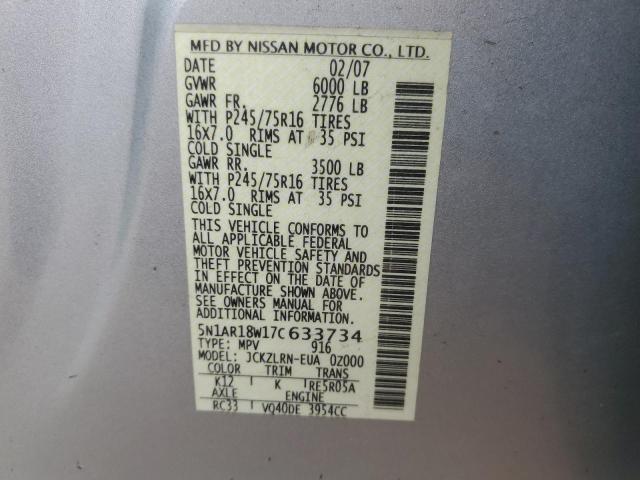 Photo 10 from auction – 2007 NISSAN PATHFINDER with VIN 5N1AR18W17C633734