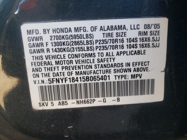 Photo 10 from auction – 2005 HONDA PILOT EX with VIN 5FNYF18415B065401