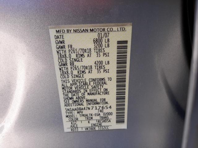Photo 10 from auction – 2007 NISSAN ARMADA SE with VIN 5N1AA08A47N717654