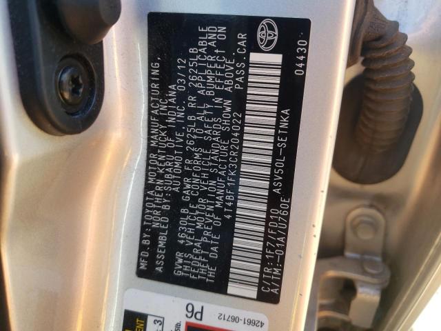 Photo 10 from auction – 2012 TOYOTA CAMRY BASE with VIN 4T4BF1FK3CR204022