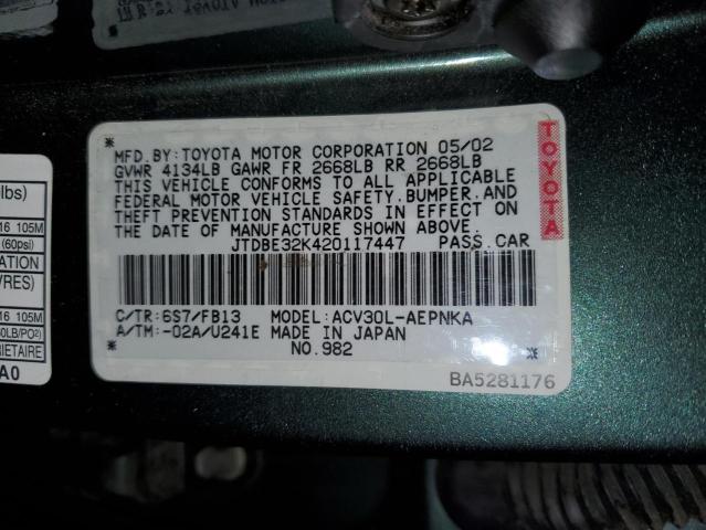 Photo 10 from auction – 2002 TOYOTA CAMRY LE with VIN JTDBE32K420117447