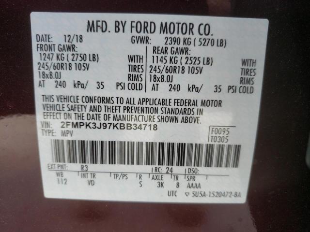 Photo 10 from auction – 2019 FORD EDGE SEL with VIN 2FMPK3J97KBB34718