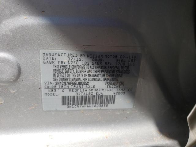 Photo 10 from auction – 2016 NISSAN VERSA S with VIN 3N1CN7AP6GL803852