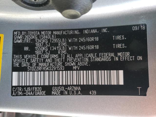 Photo 10 from auction – 2019 TOYOTA HIGHLANDER with VIN 5TDZZRFH5KS291593