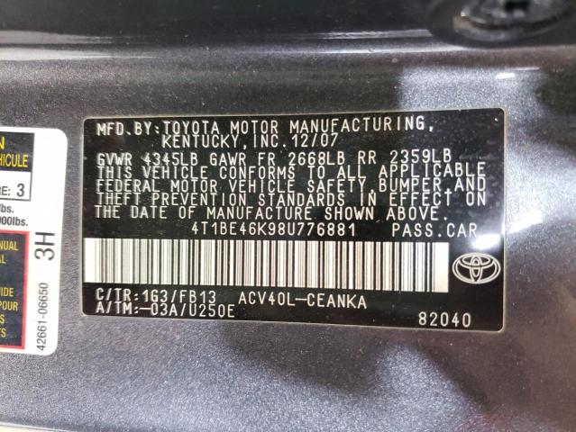Photo 10 from auction – 2008 TOYOTA CAMRY CE/L with VIN 4T1BE46K98U776881