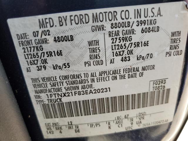 Photo 10 from auction – 2003 FORD F250 SUPER with VIN 1FTNX21F83EA20231
