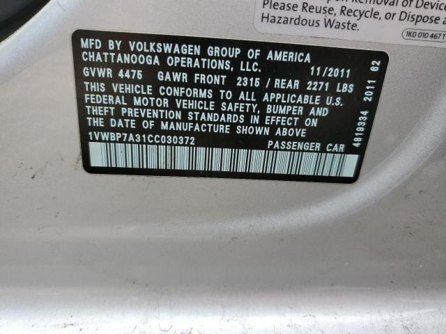 Photo 10 from auction – 2012 VOLKSWAGEN PASSAT SE with VIN 1VWBP7A31CC030372