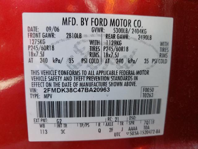 Photo 10 from auction – 2007 FORD EDGE SEL with VIN 2FMDK38C47BA20963