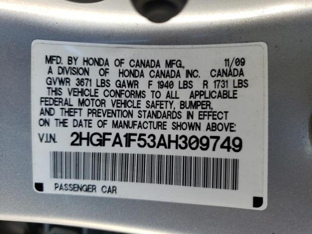 Photo 10 from auction – 2010 HONDA CIVIC LX with VIN 2HGFA1F53AH309749