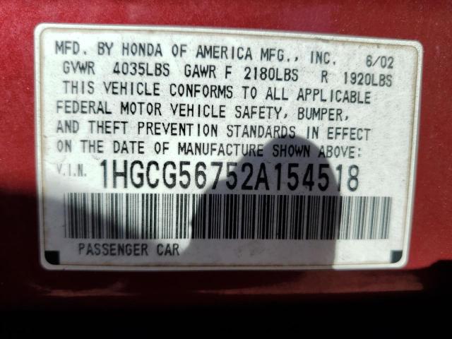 Photo 10 from auction – 2002 HONDA ACCORD SE with VIN 1HGCG56752A154518