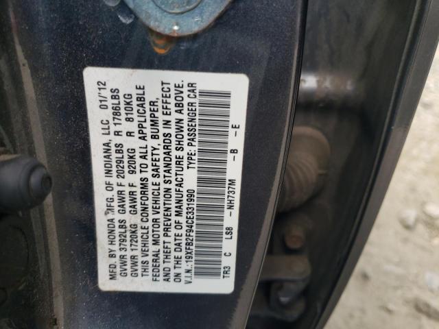 Photo 10 from auction – 2012 HONDA CIVIC EXL with VIN 19XFB2F94CE331990