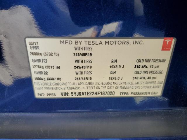 Photo 10 from auction – 2017 TESLA MODEL S with VIN 5YJSA1E22HF187020
