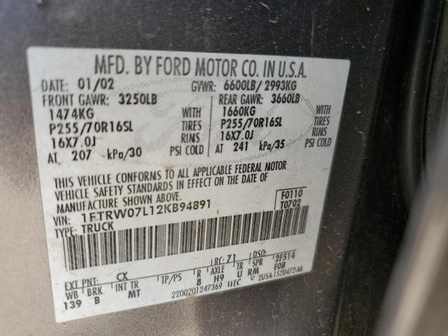 Photo 10 from auction – 2002 FORD F150 SUPER with VIN 1FTRW07L12KB94891