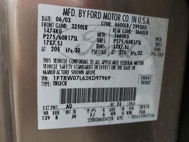 Photo 10 from auction – 2003 FORD F150 SUPER with VIN 1FTRW07L63KD97969