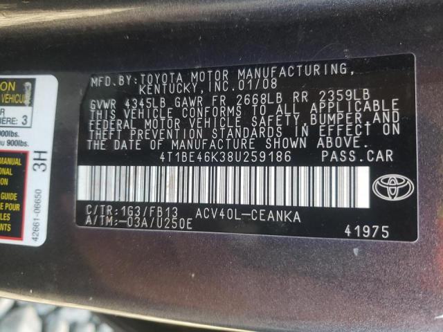 Photo 10 from auction – 2008 TOYOTA CAMRY CE with VIN 4T1BE46K38U259186