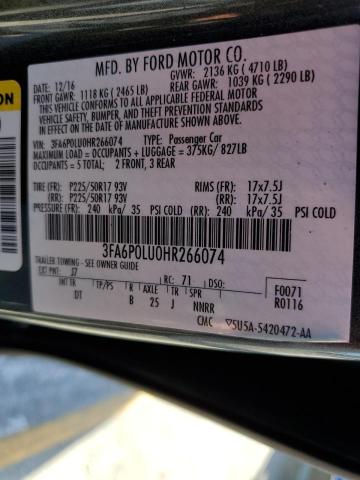 Photo 10 from auction – 2017 FORD FUSION SE with VIN 3FA6P0LU0HR266074