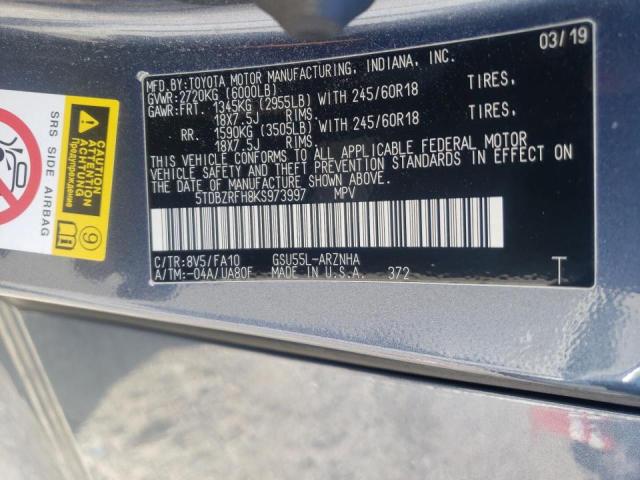 Photo 10 from auction – 2019 TOYOTA HIGHLANDER with VIN 5TDBZRFH8KS973997
