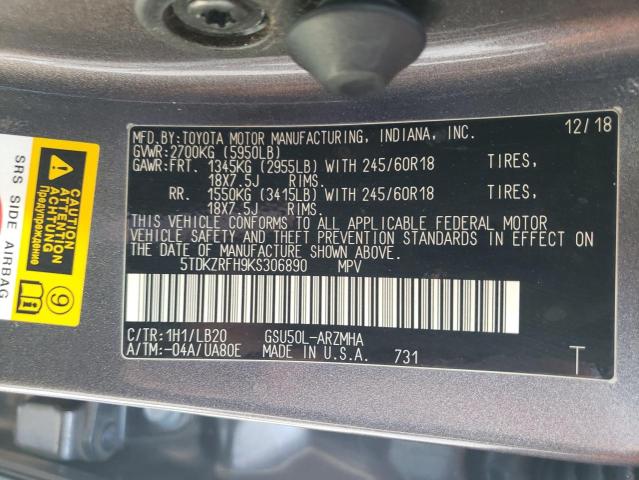Photo 10 from auction – 2019 TOYOTA HIGHLANDER with VIN 5TDKZRFH9KS306890