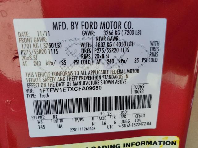 Photo 10 from auction – 2012 FORD F150 SUPER with VIN 1FTFW1ETXCFA09680
