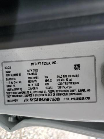 Photo 10 from auction – 2021 TESLA MODEL 3 with VIN 5YJ3E1EA2MF016309