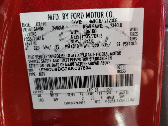 Photo 10 from auction – 2010 FORD ESCAPE XLT with VIN 1FMCU9DG7AKC27894