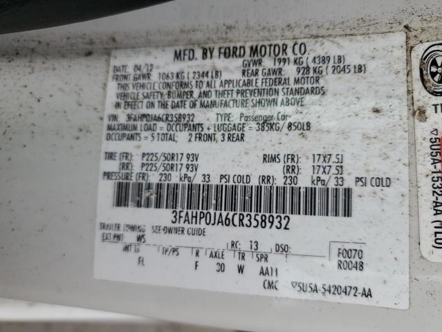 Photo 10 from auction – 2012 FORD FUSION SEL with VIN 3FAHP0JA6CR358932