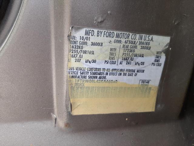 Photo 10 from auction – 2002 FORD F150 SUPER with VIN 1FTRW08L42KA66840
