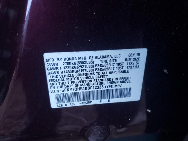 Photo 10 from auction – 2011 HONDA PILOT EXL with VIN 5FNYF3H54BB012336
