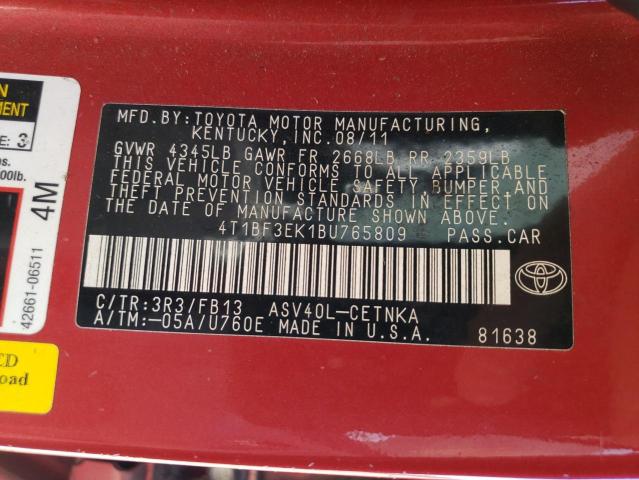 Photo 10 from auction – 2011 TOYOTA CAMRY BASE with VIN 4T1BF3EK1BU765809
