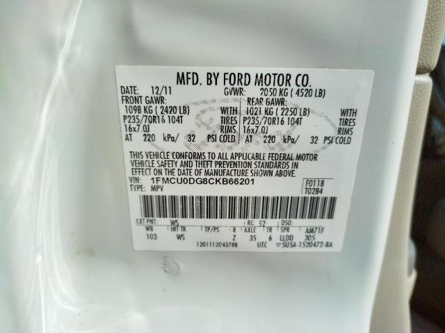 Photo 10 from auction – 2012 FORD ESCAPE XLT with VIN 1FMCU0DG8CKB66201